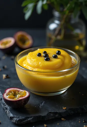 Parfait cu fructul pasiunii (maracuja) așezat pe farfurie