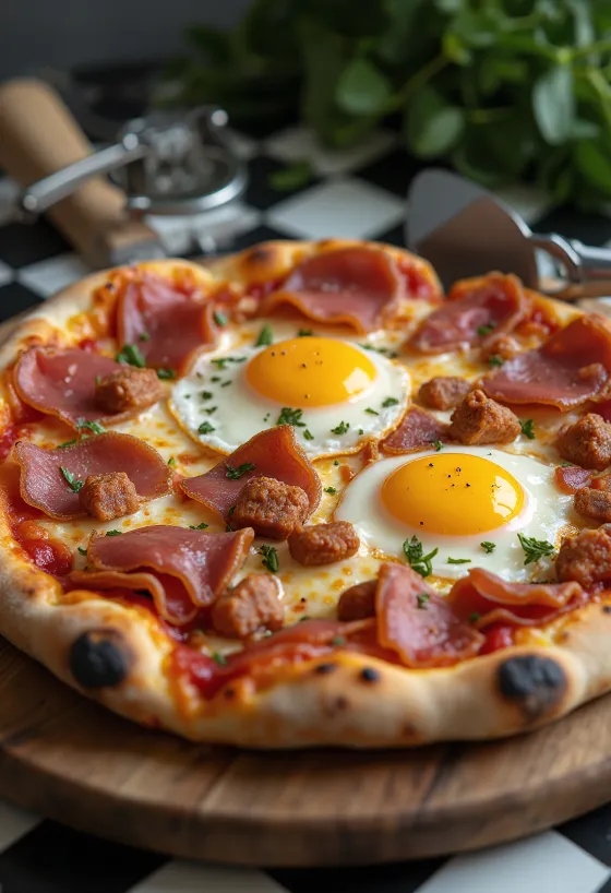 Pizza alla pancetta e uova cu pancetta crocantă și ouă