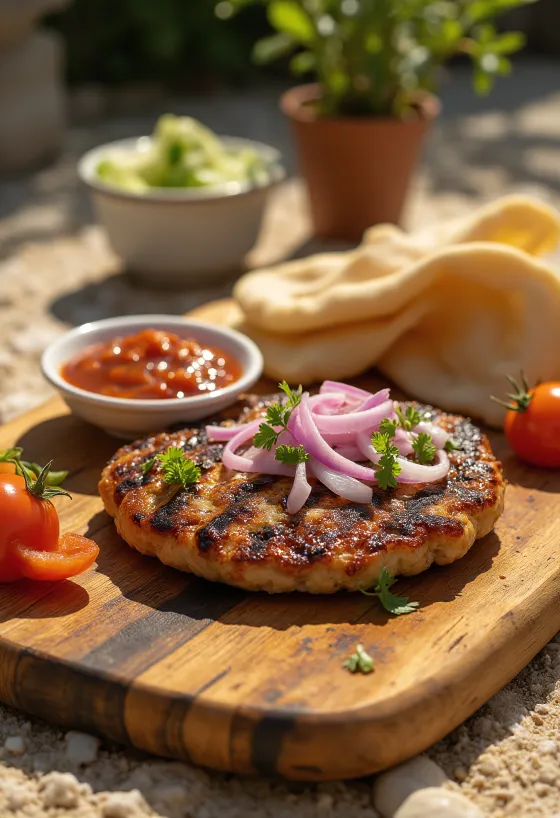 Pljeskavica, chiftea de carne sârbească cu ajvar și cartofi prăjiți