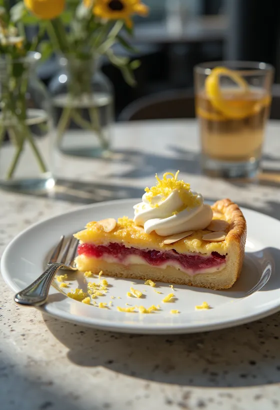 Tarta Bakewell cu cremă de lămâie, umplutură de migdale și gem