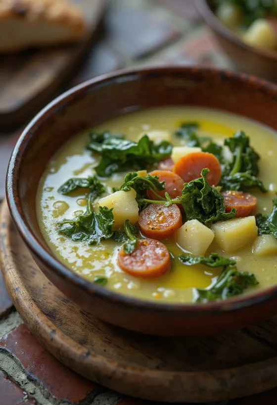 Supă Caldo Verde servită cu cârnați