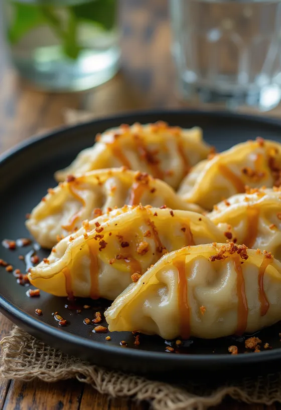 Cheese Gyoza servit umplut cu brânză topită, cu sos dip de soia