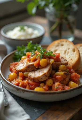 Cotlet suculent cu lecsó din carne de porc, preparat cu ardei și roșii proaspete.