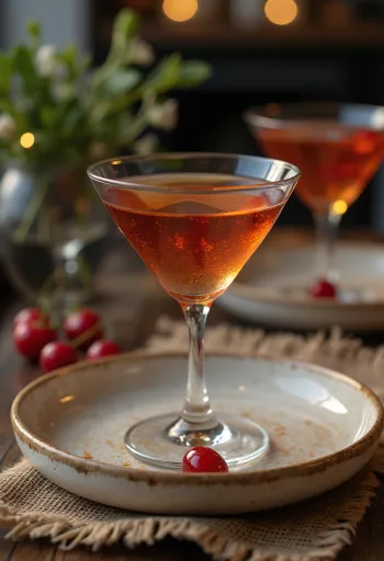 Cocktail Manhattan decorat cu cireașă de cocktail și coajă de portocală