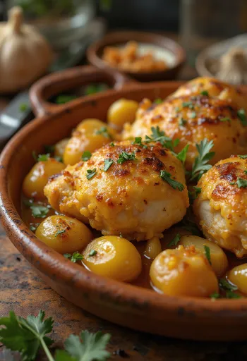 Pollo al Ajillo, pui spaniol cu usturoi servit cu sos de vin alb