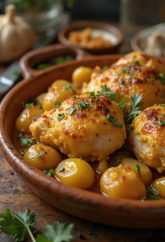 Pollo al Ajillo, pui spaniol cu usturoi servit cu sos de vin alb