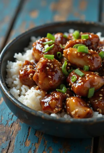 Pui Teriyaki servit cu semințe de susan și ceapă verde