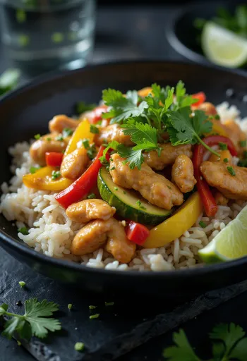 Pui thailandez cu orez cu legume servit