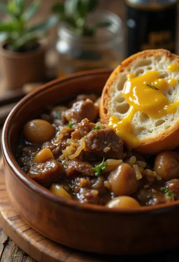 Carbonnade Flamande servită cu piure de cartofi