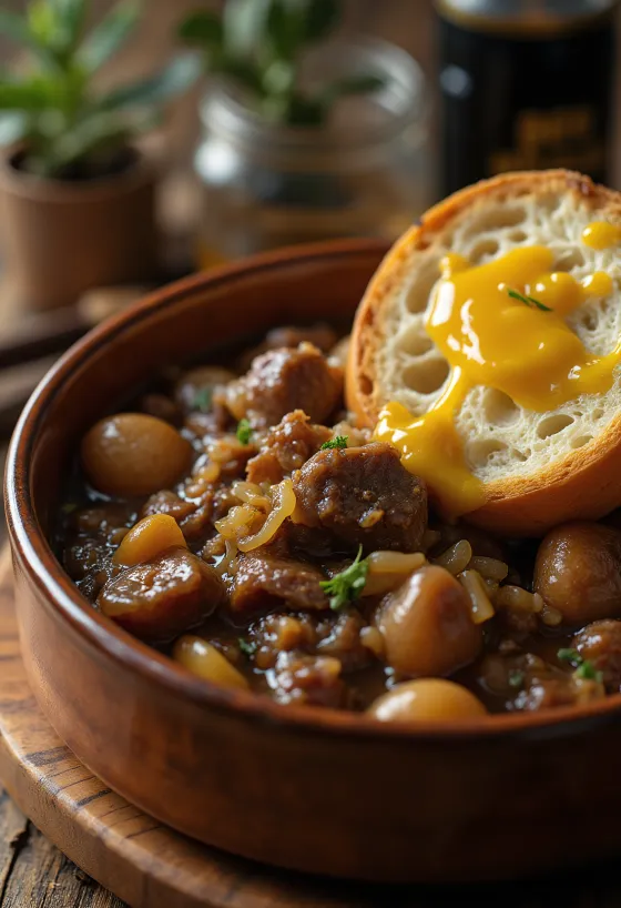Carbonnade Flamande servită cu piure de cartofi