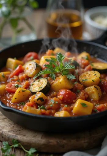 Lecsó cu dovlecei și legume proaspete servit