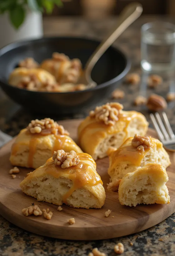 Pogăcele cu nucă și caramel servite