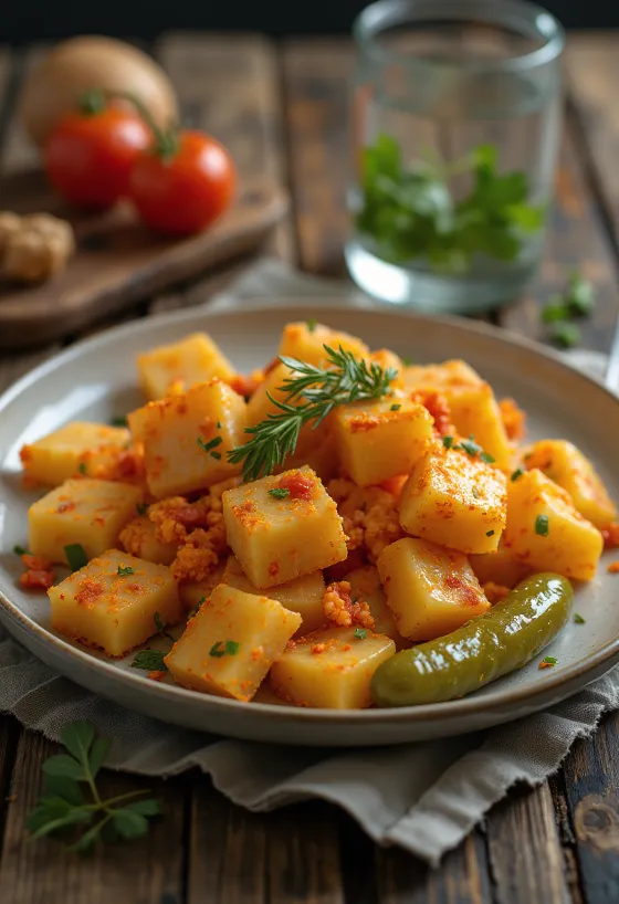 Paste cu cartofi servite cu ceapă prăjită și boia de ardei