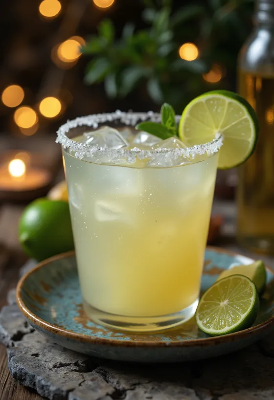 Cocktail Margarita decorat cu margine de sare și felie de lime