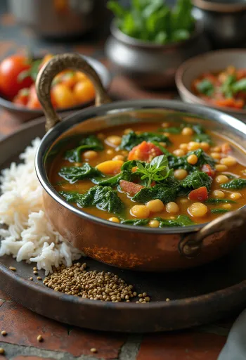 Sambar cu spanac, supă indiană bogată și condimentată, servită cu linte și spanac proaspăt