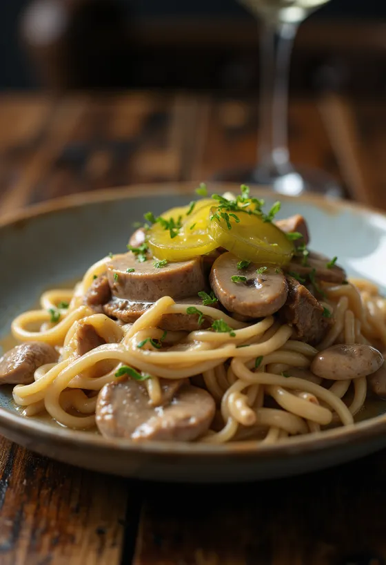 Vită Stroganoff servită cu sos fin de smântână