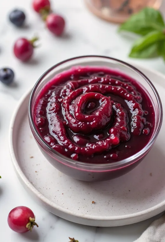 Sos de măceșe cu vin roșu într-un bol, decorat cu rozmarin proaspăt.