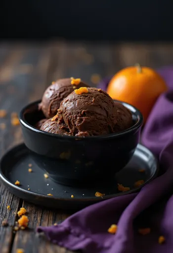 Înghețată de ciocolată cu portocale servită cu așchii de ciocolată și coajă de portocală