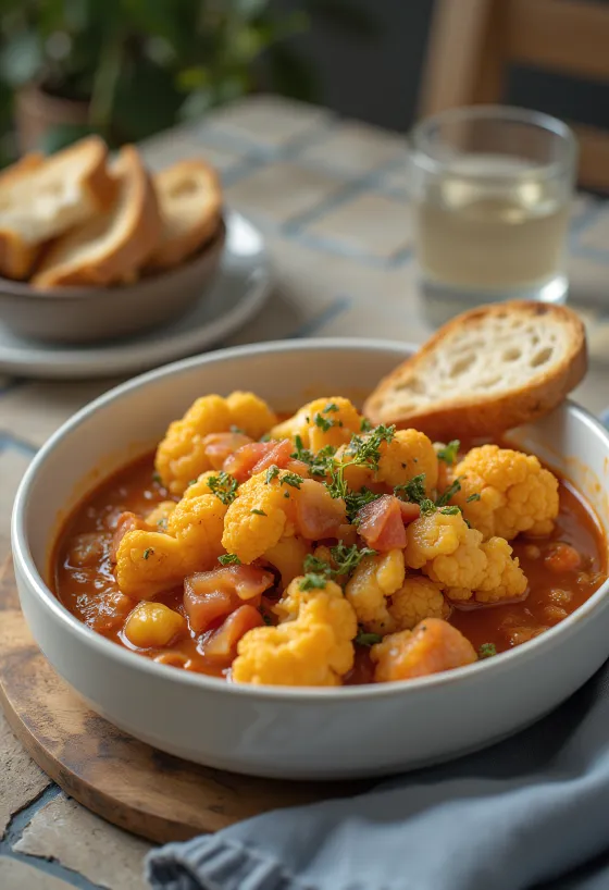 Tocăniță condimentată de conopidă în bază suculentă de roșii, presărată cu pătrunjel proaspăt.