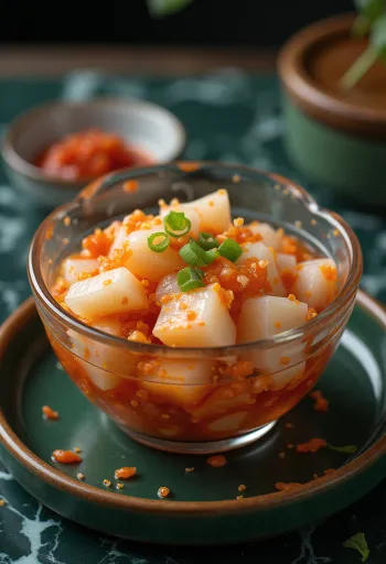 Kkakdugi, kimchi de ridiche cuburi, mâncare fermentată coreeană proaspătă și picantă