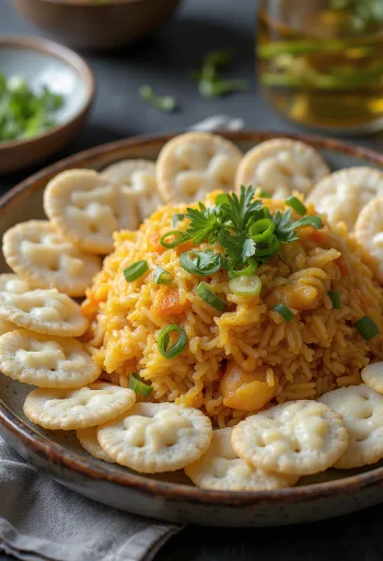 Nasi Goreng cu Kerupuk, servit cu condimente bogate și kerupuk