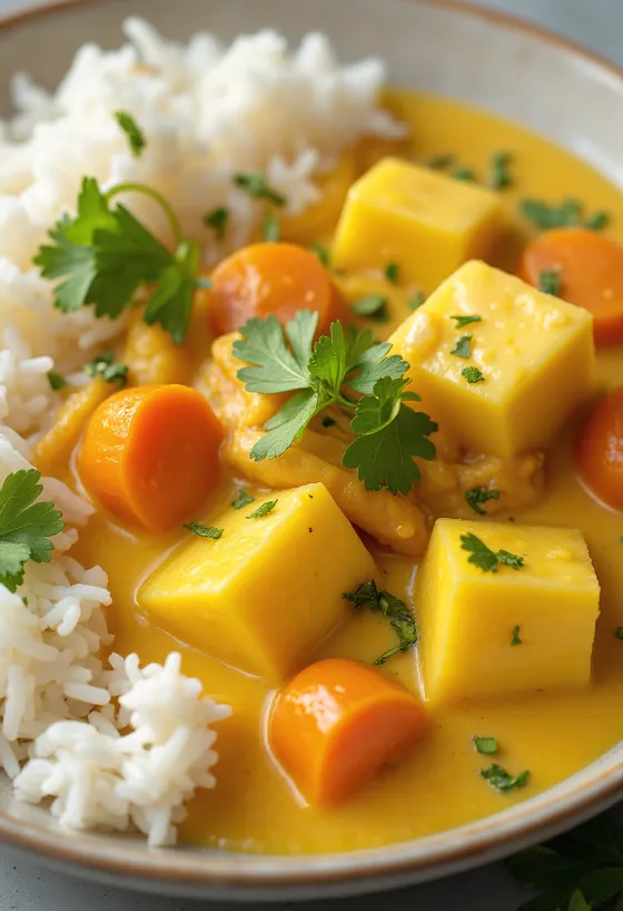 Curry de vinete condimentat, servit cu lapte de cocos