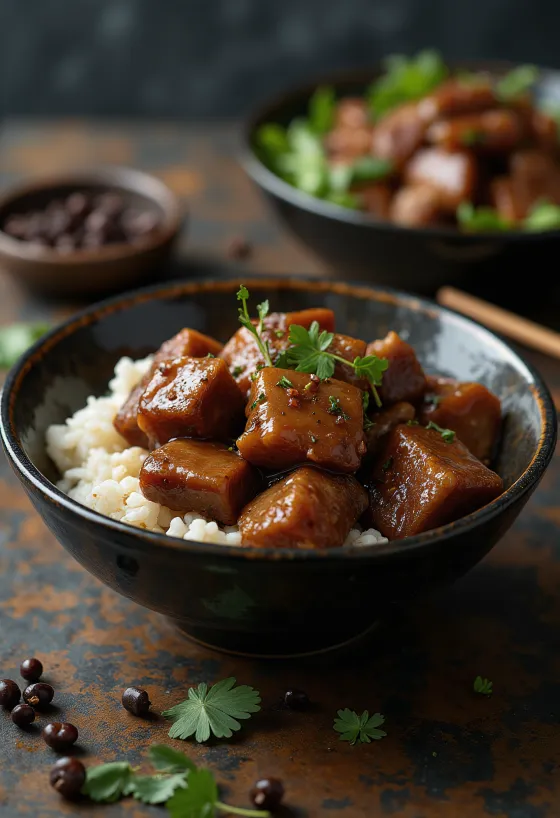 Pork adobo servit cu orez fiert