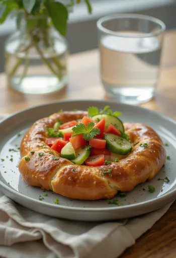Pretzel cu legume servit, cu legume proaspete bogate deasupra, crocant la exterior și moale la interior.