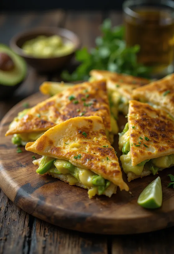 Triunghiuri de quesadilla cu strat vizibil de avocado și brânză