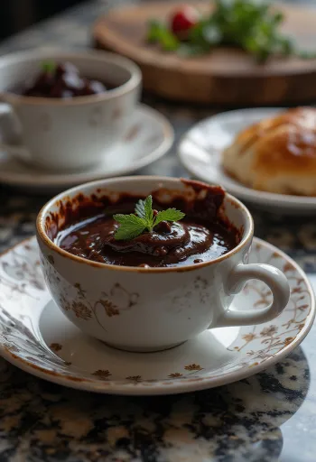 Sos de ciocolată cu vin roșu și chili într-un bol, decorat cu bucăți de ciocolată și chili.