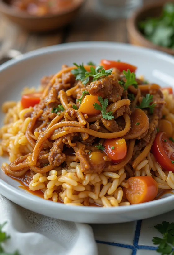 Carne Mechada servită cu arepa și orez
