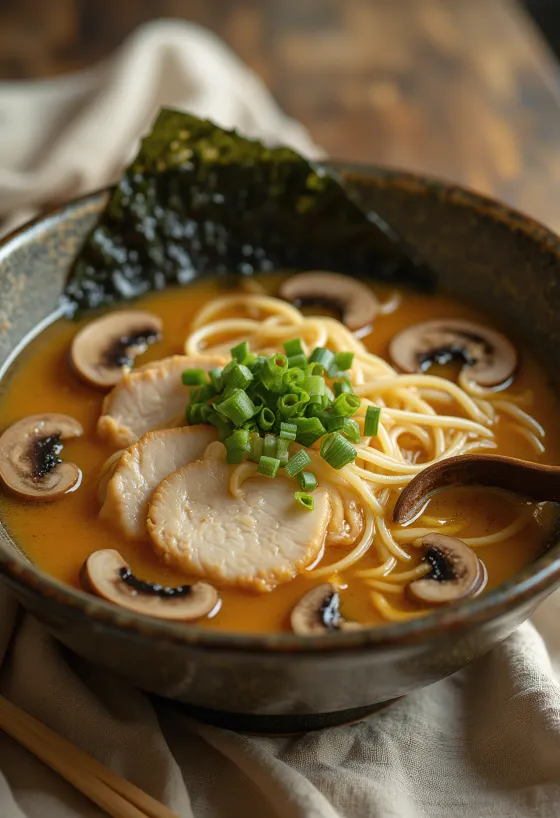 Chicken ramen servit cu pui și ou