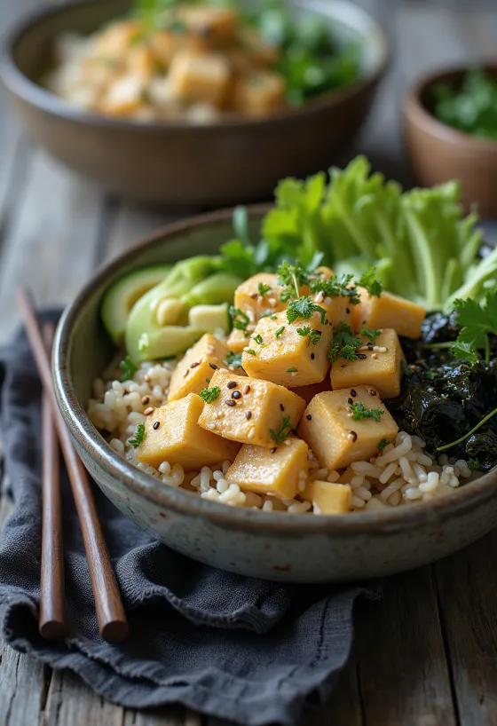 Bol Chirashi cu tofu, servit cu avocado, castravete și alge nori