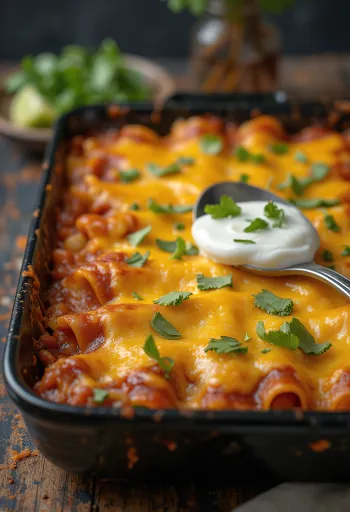 Enchilada cu fasole, servită cu coriandru proaspăt, brânză și sos enchilada deasupra
