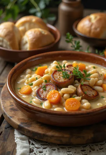 Fasolada îmbogățită cu cârnați, servită cu fasole albă și legume într-un bol rustic