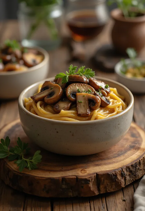 Sos de ciuperci cu oțet balsamic servit cu paste