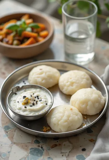 Idli proaspăt aburit servit cu chutney, decorat cu legume proaspete
