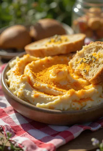 Cremă de brânză picantă servită cu legume proaspete și unsă pe pâine prăjită