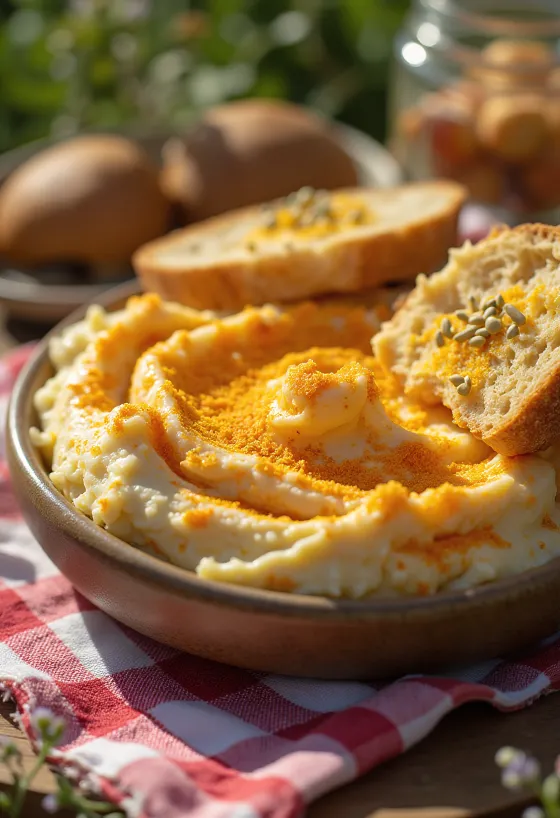 Cremă de brânză picantă servită cu legume proaspete și unsă pe pâine prăjită