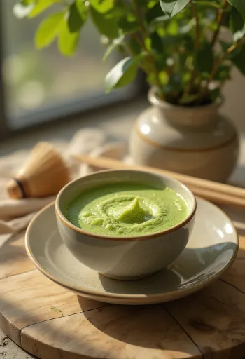 O ceașcă de ceai matcha spumos, decorat cu pudră matcha