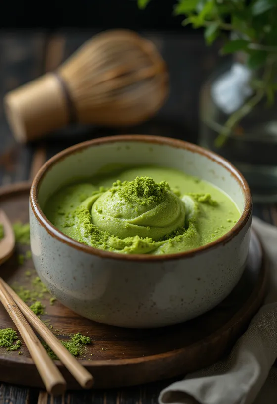 Parfait cu ceai Matcha servit cu mentă