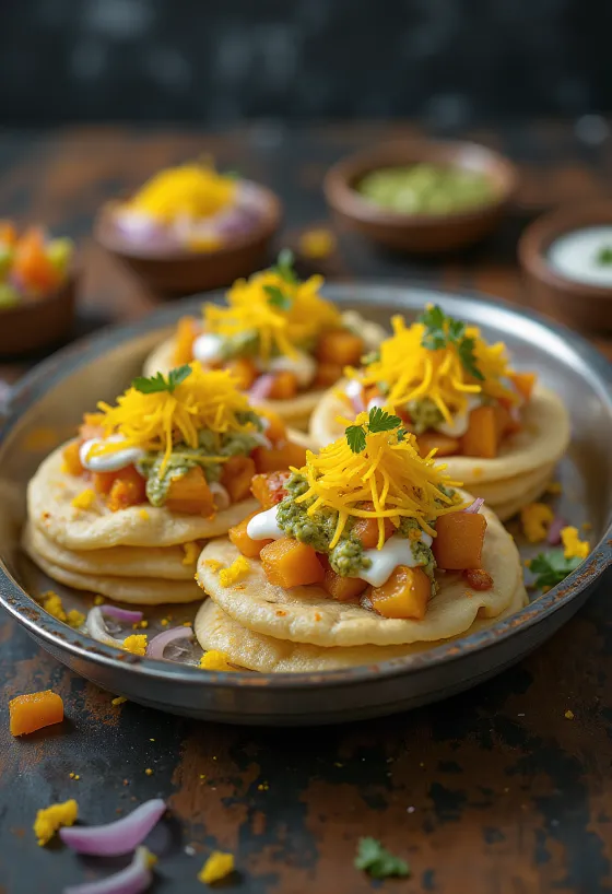 Gustări Sev Puri aranjate pe platou, cu chutney verde și iaurt