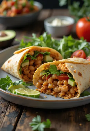 Rulou de tortilla vegan cu legume proaspete și pastă de fasole