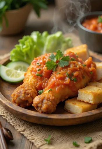 Pui Ayam Penyet servit cu sos sambal iute