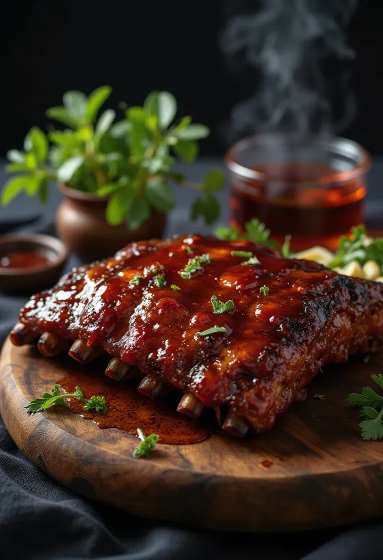 Coaste BBQ servite cu cartofi copți și salată proaspătă