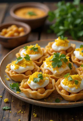 Dahi puri cu sev sos de iaurt năut și sev crocant servit