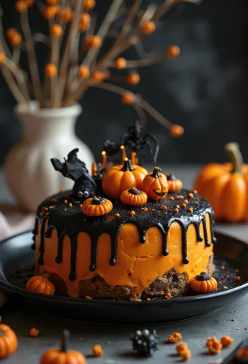 Tort de Halloween cu fondant portocaliu și decorațiuni negre