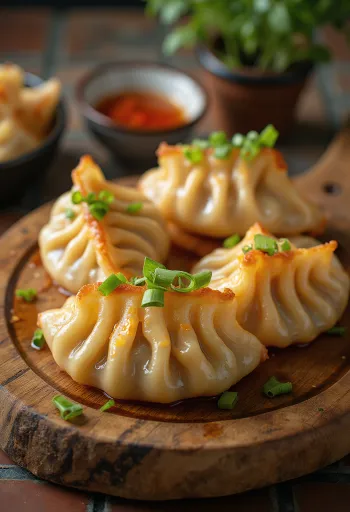 Gyoza japoneză cu kimchi în aluat cu bază crocantă, umplutură de porc cu kimchi, servită cu sos de soia