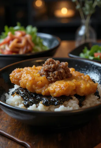 Katsudon cu umplutură gătită în sos de alge Nori tsukudani servit