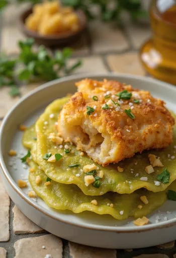 Patacón cu pește prăjit, plantain crocant și felii de pește suculent ornate cu coriandru proaspăt